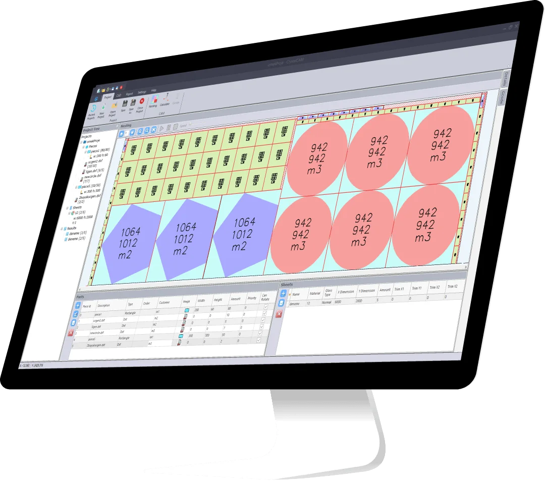 CrystalCAM kullanıcı arayüzü - cam kesim optimizasyon yazılımı.