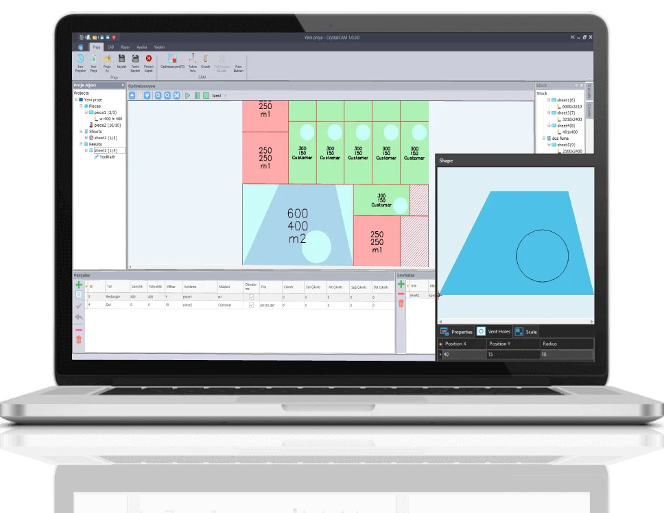 CrystalCAM menfez işlemi ekranı - parça üzerine menfez boşluğu ekleme ve önizleme
